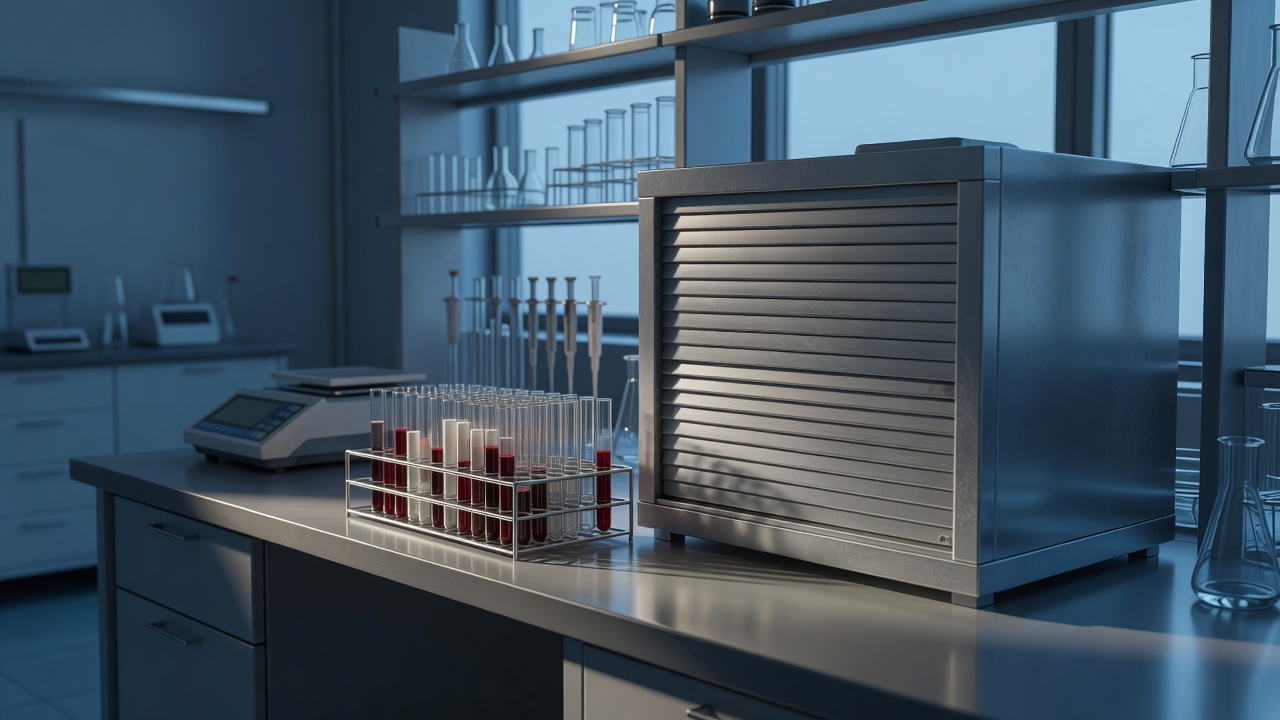Wide establishing shot of a university metabolic research laboratory bench at blue hour, blood-marker test tubes racked beside a shuttered rodent housing unit, cool window light, 24mm lens, f/8.