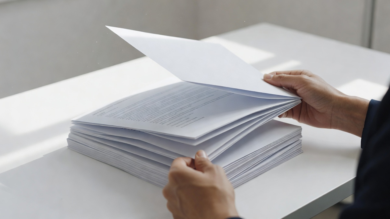 Over-the-shoulder medium shot of a business analyst's hands holding and reviewing a multi-page shareholder document packet on a bright white desk, natural window light casting soft shadows, pages slightly fanned to show depth, shot with 50mm lens in bright high-key daylight