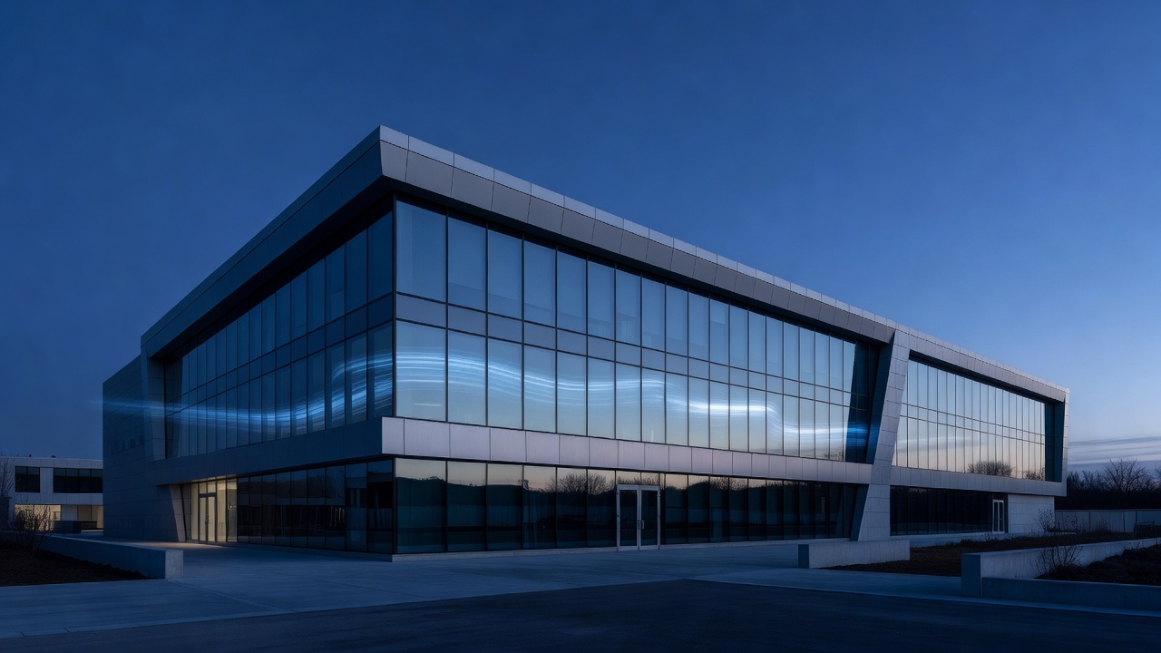 Wide establishing shot of a national quantum computing centre exterior at blue hour, cryogenic research building facade illuminated by cool ambient dusk light, long-exposure streaks of soft blue-white glow from facility windows, wide-angle lens.