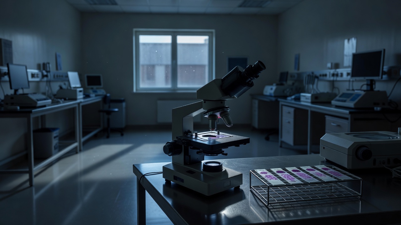 Dim pathology laboratory with a microscope holding a stained tissue slide and a rack of purple-stained slides on a steel bench.