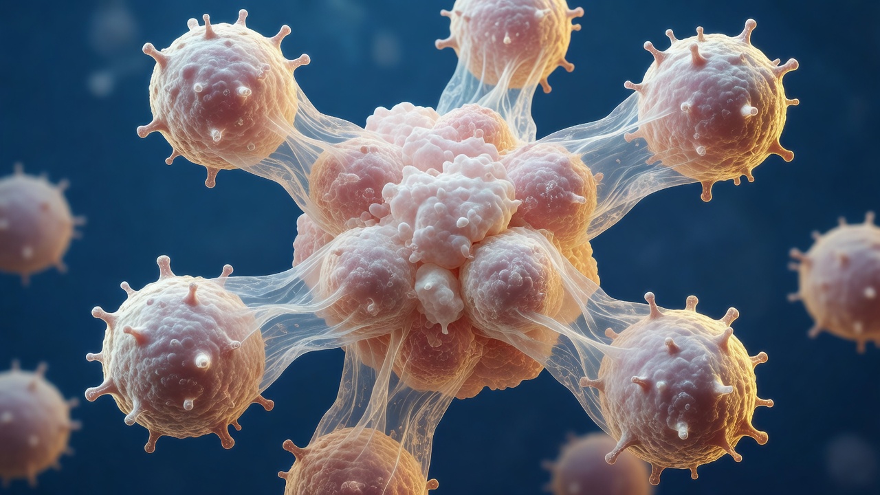 Spiky immune cells reach toward a central cluster of pale pink tumor cells through thin translucent membrane strands against a deep blue background.