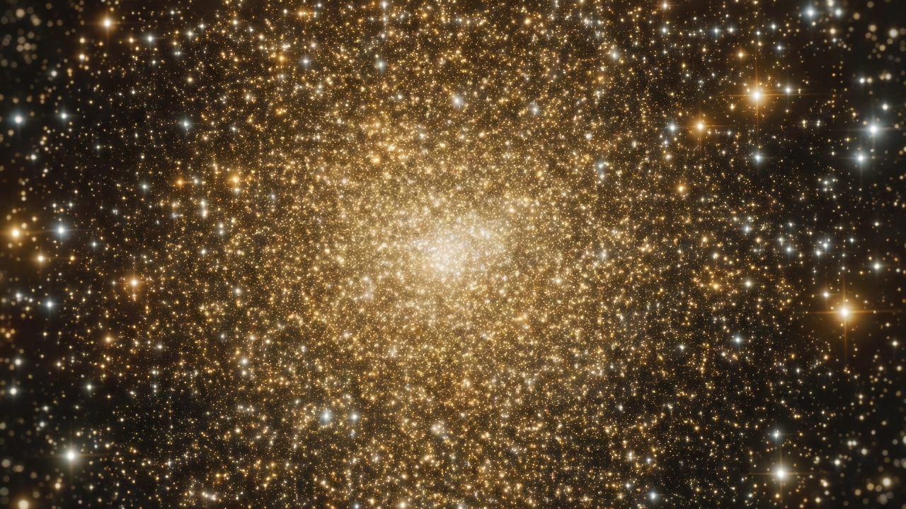 Tight macro photograph of a dense globular star cluster core, thousands of ancient amber-gold stars packed into a blazing nucleus, warm golden luminosity, shallow depth of field, long telephoto compression.