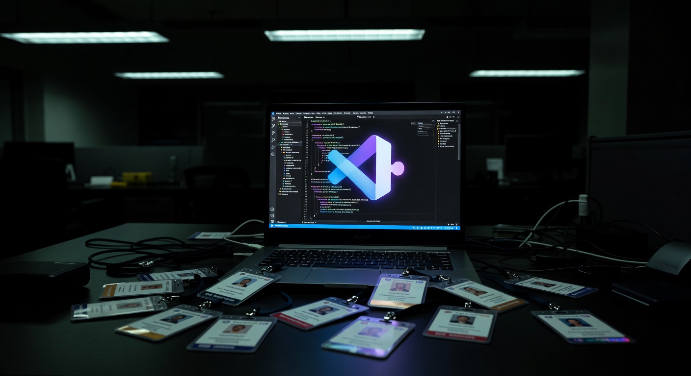 A Visual Studio Code extension icon displayed on a laptop screen in a darkened office, the monitor's glow illuminating scattered security badges on the desk, shot on 50mm with cool fluorescent overhead lighting.
