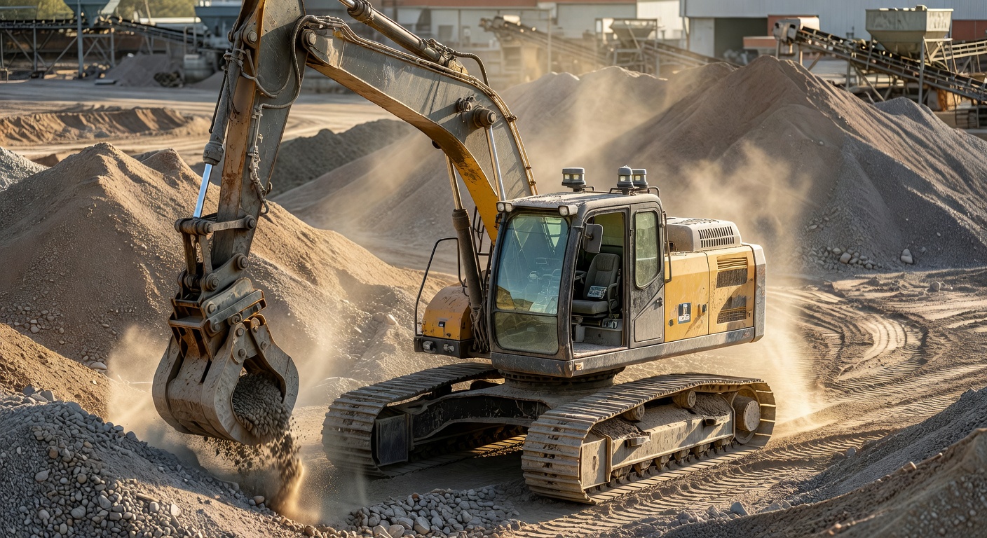 Close-up of a 40-ton autonomous walking excavator at an active aggregate construction yard, hydraulic boom mid-motion gripping bulk material, empty operator cab through dust-streaked glass, LiDAR sensors mounted on cab roof, late afternoon sun raking across machinery.