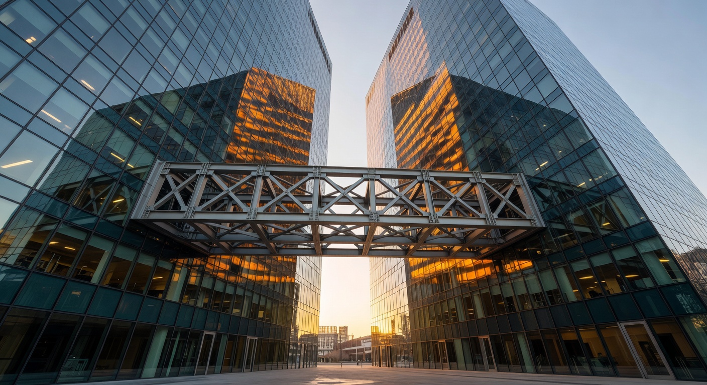 Wide-angle architectural photograph from ground level looking up at the intersection of two modern glass office towers w