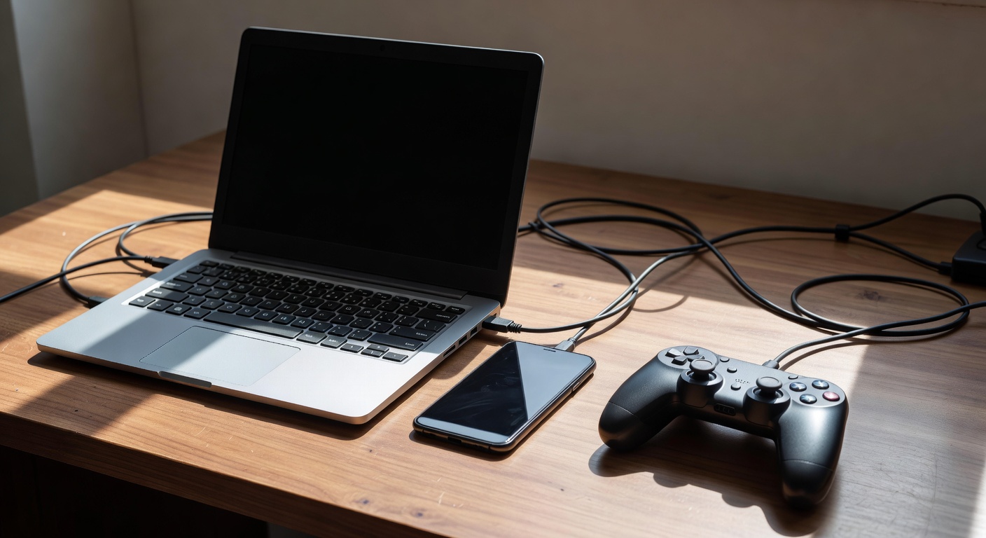 Overhead view of multiple devices on shared desk surface—open laptop, smartphone, gaming console controller—arranged in casual workspace formation, cable management visible, natural window light from left, shot with 50mm lens, high contrast shadows