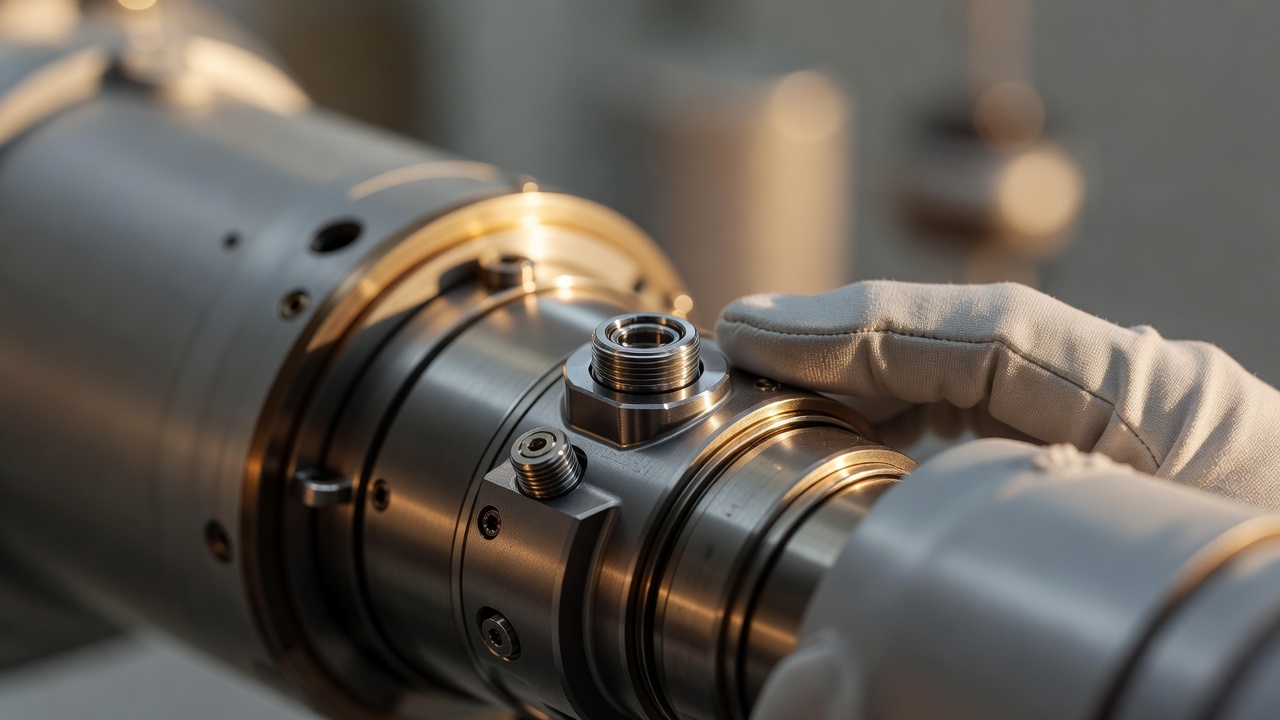 Gloved hand resting beside a polished metal valve assembly with threaded fittings, representing spacecraft thruster propulsion hardware that the uncrewed test flight will stress.