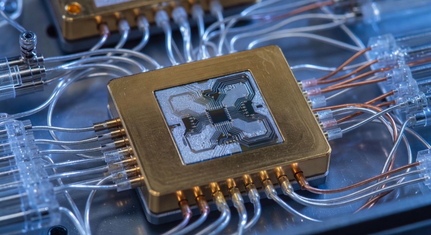 technician in cleanroom attire inspecting a superconducting qubit wafer on a fabrication workbench, overhead diffused white lighting, macro lens with shallow depth of field