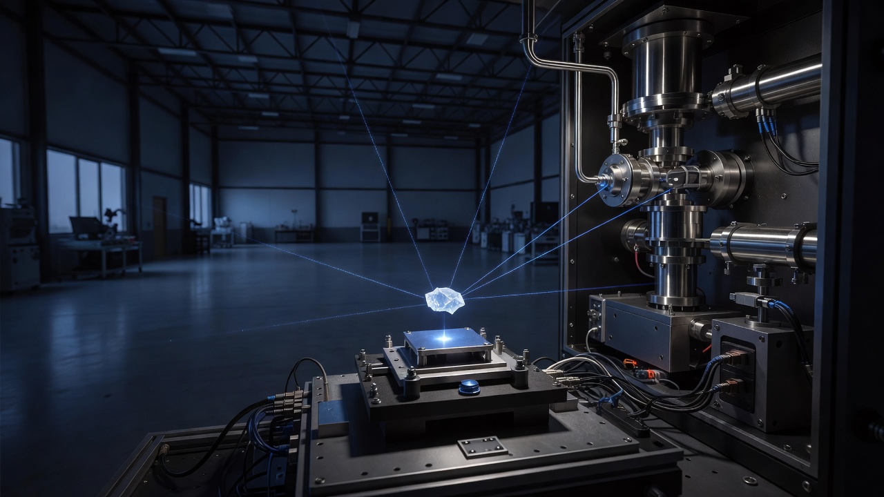 Ultrafast electron-diffraction chamber's crystal-mounted exciton sample glows faint blue under sparse laser alignment beams, vast dim laboratory hall beyond, blue-hour ambient light, wide-angle lens.