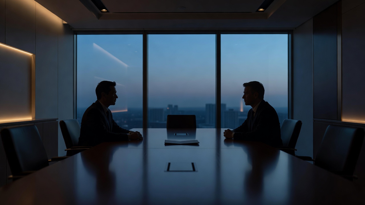 Wide shot of a modern office conference room at blue hour, two executives in silhouette seated at opposite ends of a long table with a single folder centered between them, cool twilight filtering through floor-to-ceiling windows, shot on 35mm lens with even depth of field, natural dusk ambiance and soft interior accent lighting.