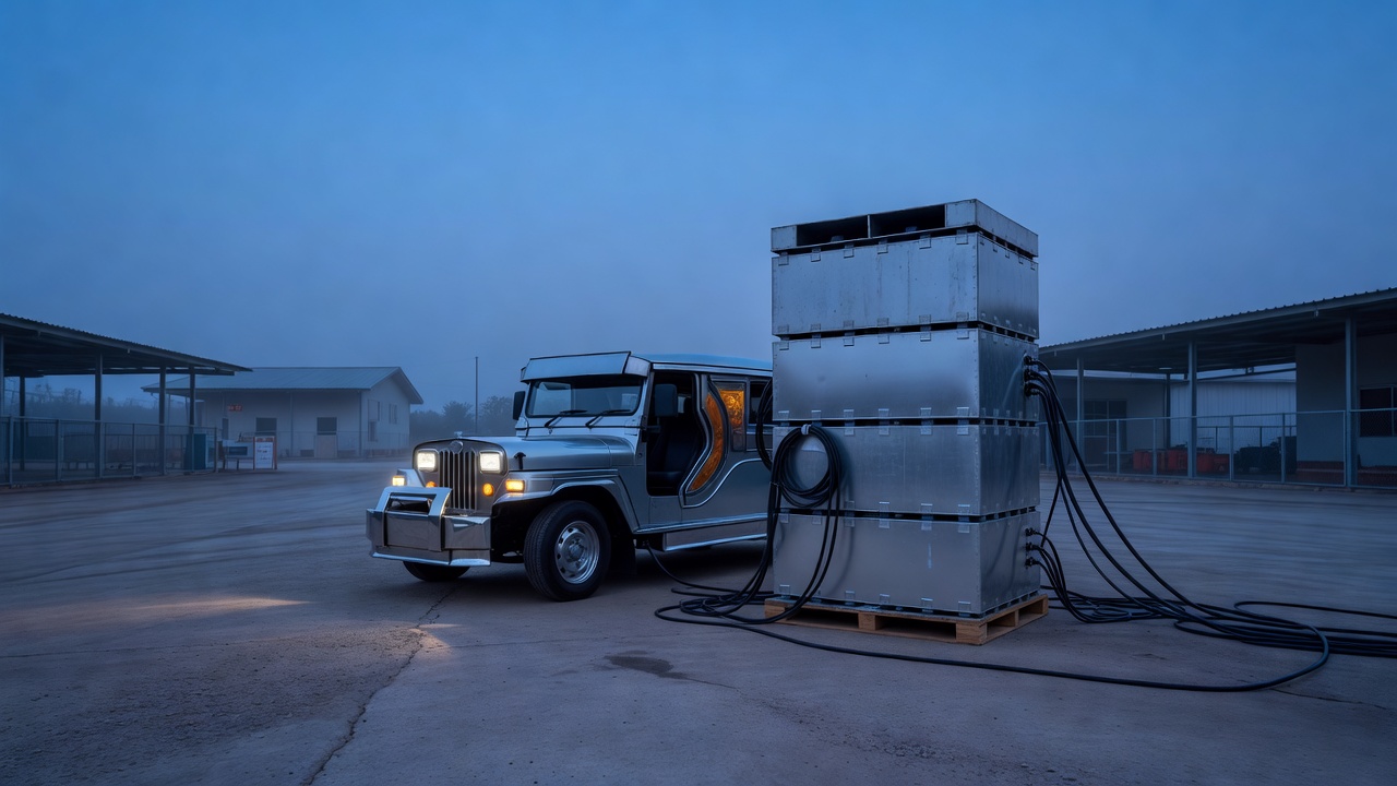 Wide blue-hour exterior of MD Juan Enterprises' loading yard, a finished electric jeepney prototype parked beside stacked battery packs and diagnostic cables, cool twilight glow, long exposure, wide-angle lens.