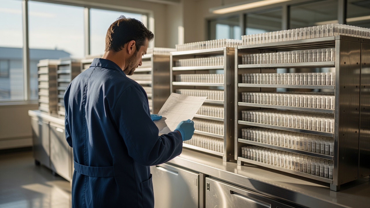 Golden-hour over-the-shoulder shot of a technician's back as they view a printed sample manifest beside PPMI biobank sample racks, bright daylight streaming through windows, 50mm lens, f/4.