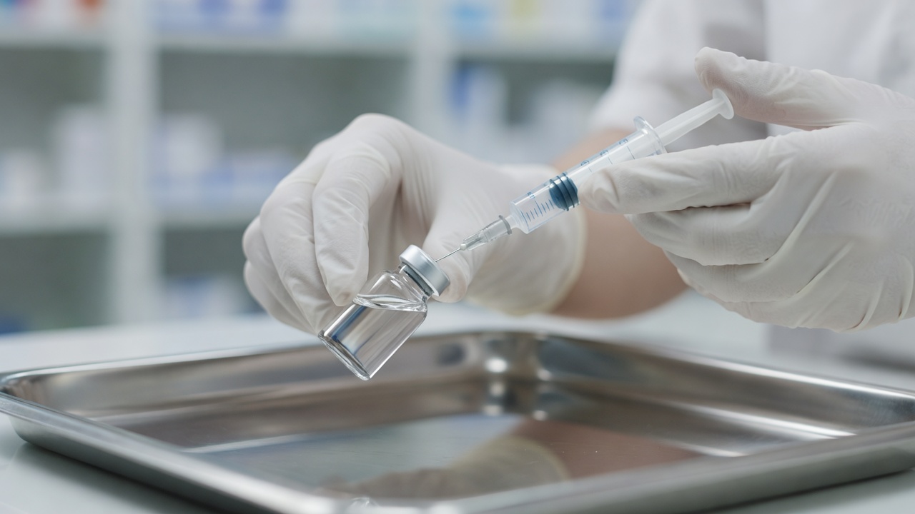 Gloved hands draw clear liquid from a small glass vial into a syringe above a stainless steel tray in a pharmacy setting.