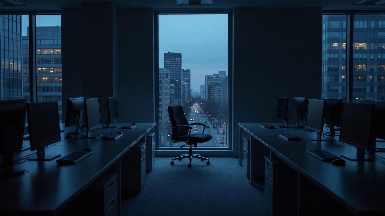 Empty dark office desks and monitors flank a lone chair facing a tall window over a city street at dusk.
