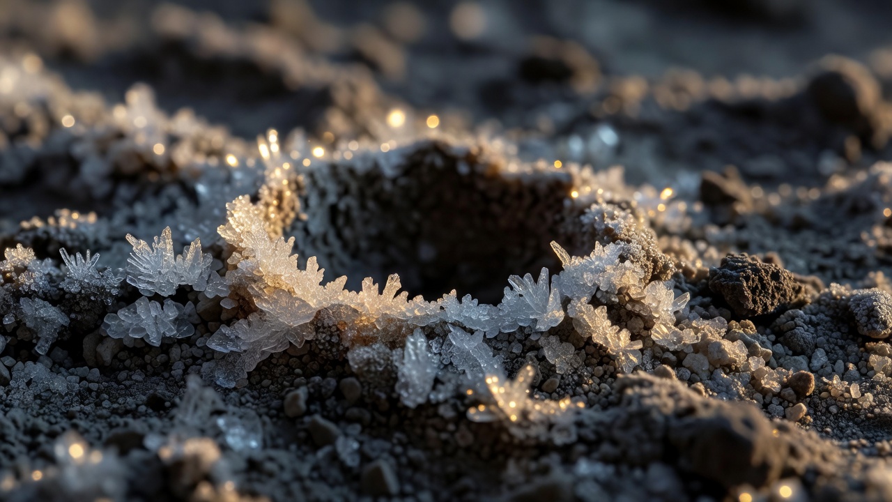 Tight macro close-up of frost-covered lunar regolith grains clustered around a shadowed cavity edge, ancient ice crystals catching warm golden sidelight, shallow depth of field, 50mm macro lens.