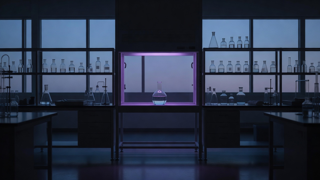 Surrounded by shelves of glassware.