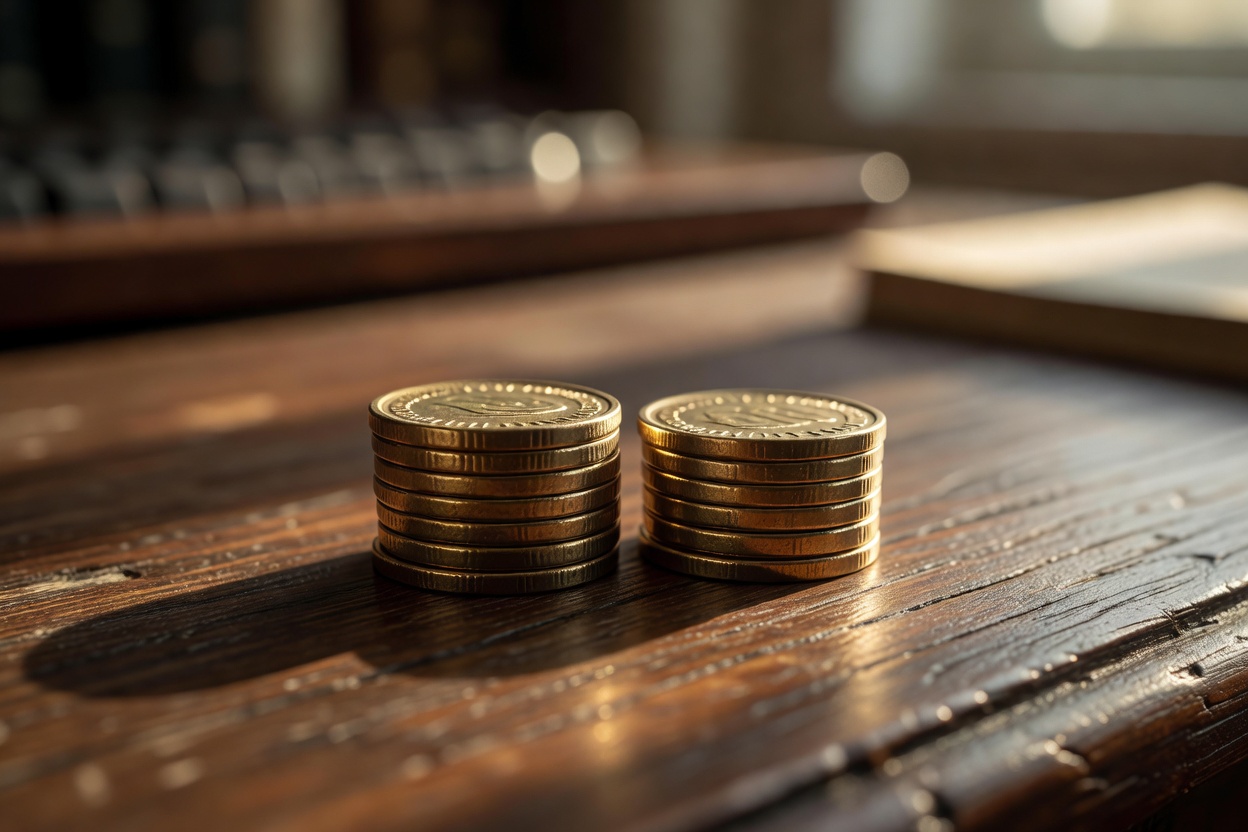 Two short stacks of brass coins on a dark wooden desk, with a keyboard and book blurred in the background.