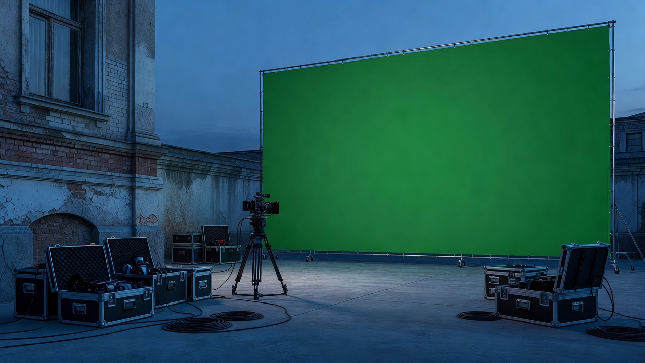 With a camera on a tripod and open equipment cases.