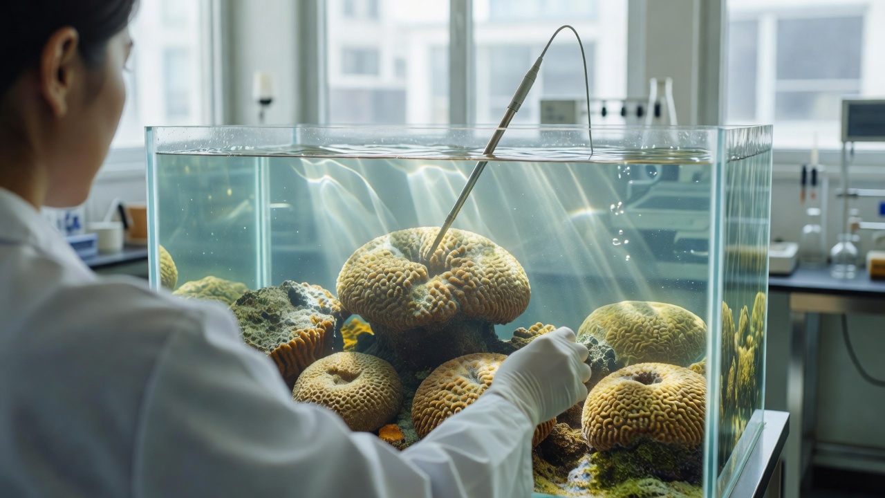 Aquarium research tank holding *Porites lutea* coral specimens mid-experiment, water temperature probe visibly submerged near colony surface, over-the-shoulder medium shot, bright high-key laboratory daylight flooding through large windows, 50mm, f/5.6