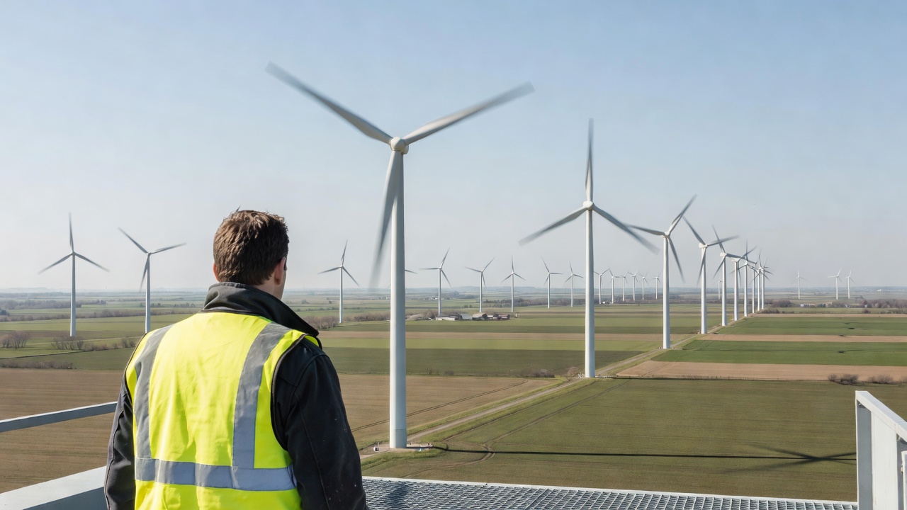 Over-the-shoulder medium shot of a technician in a high-visibility vest monitoring rows of onshore wind turbines from a field operations platform, turbines actively spinning across flat European farmland, bright high-key midday daylight, wide 35mm lens.