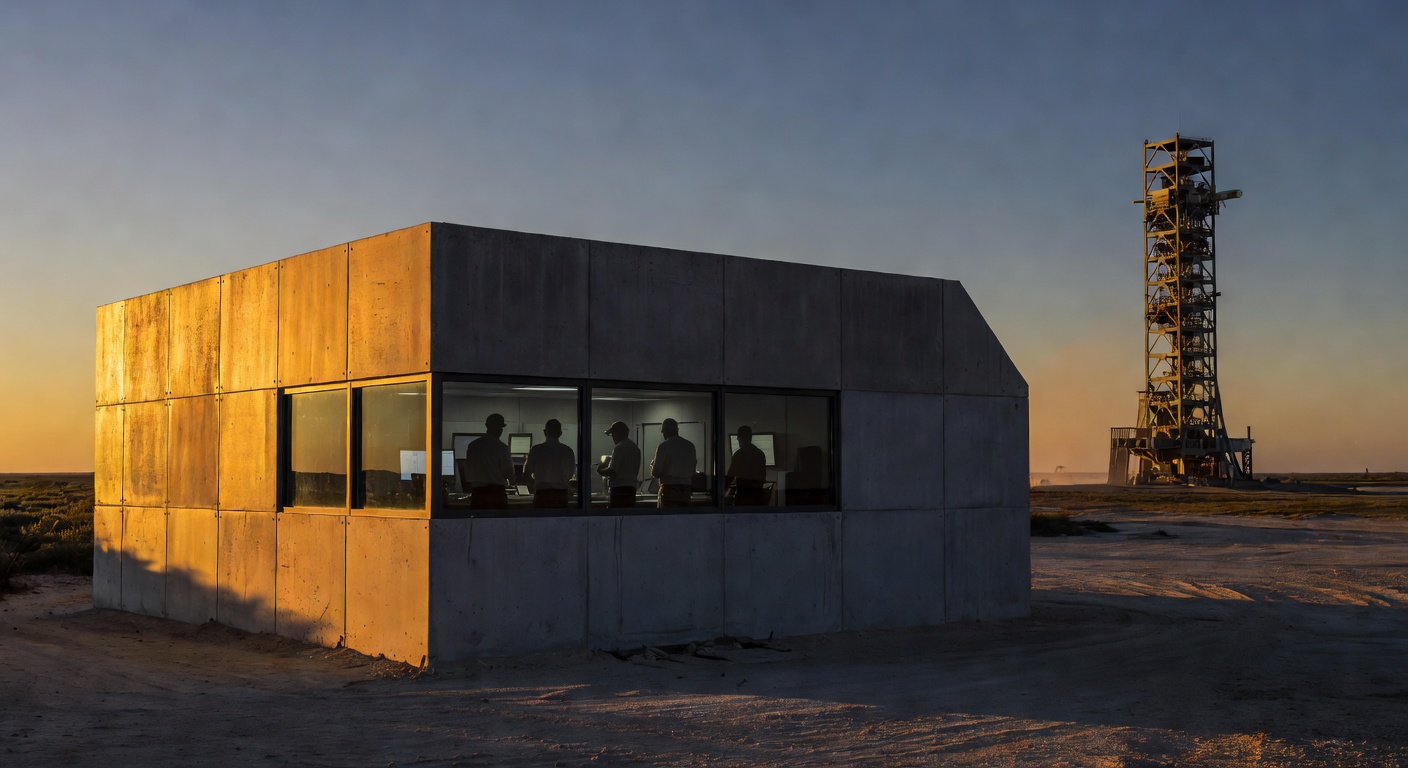 Starbase Texas launch control bunker exterior at dusk, engineers in silhouette behind blast-rated windows, orbital launch mount visible on horizon, warm golden side lighting, wide telephoto compression.