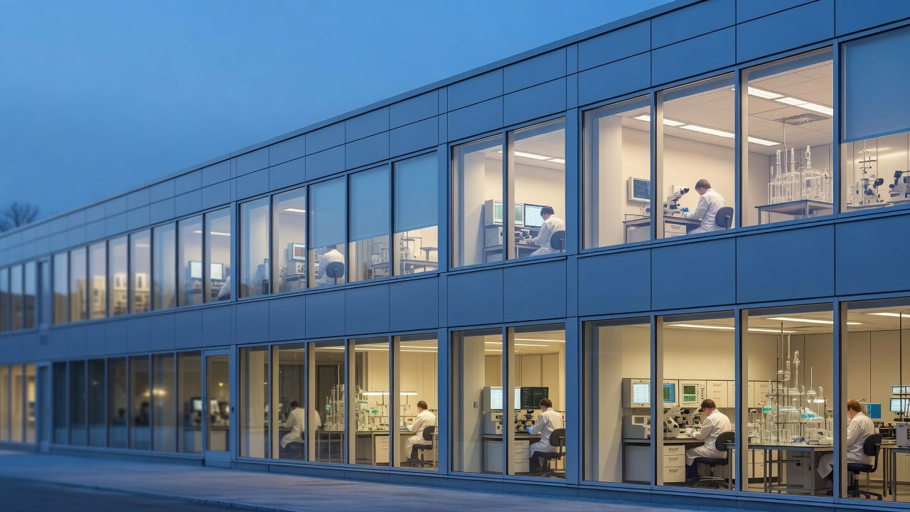 Wide blue-hour exterior of the Tampere University or Dana-Farber research building, illuminated windows revealing lab activity within, cool dusk light, telephoto compression, 85mm lens, f/2.8.