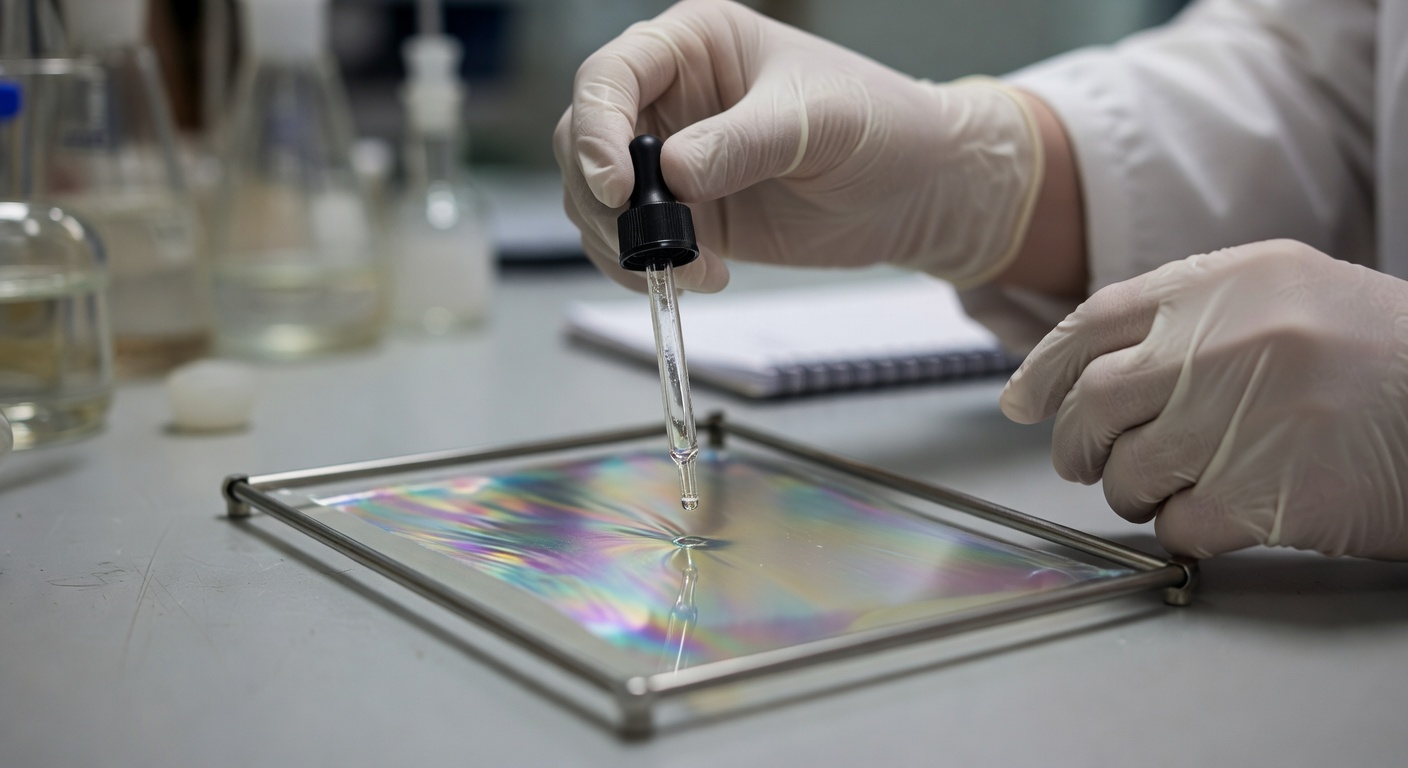researcher's hands holding a glass dropper above a soap film stretched across a metal frame, laboratory bench background, soft overhead diffused lighting