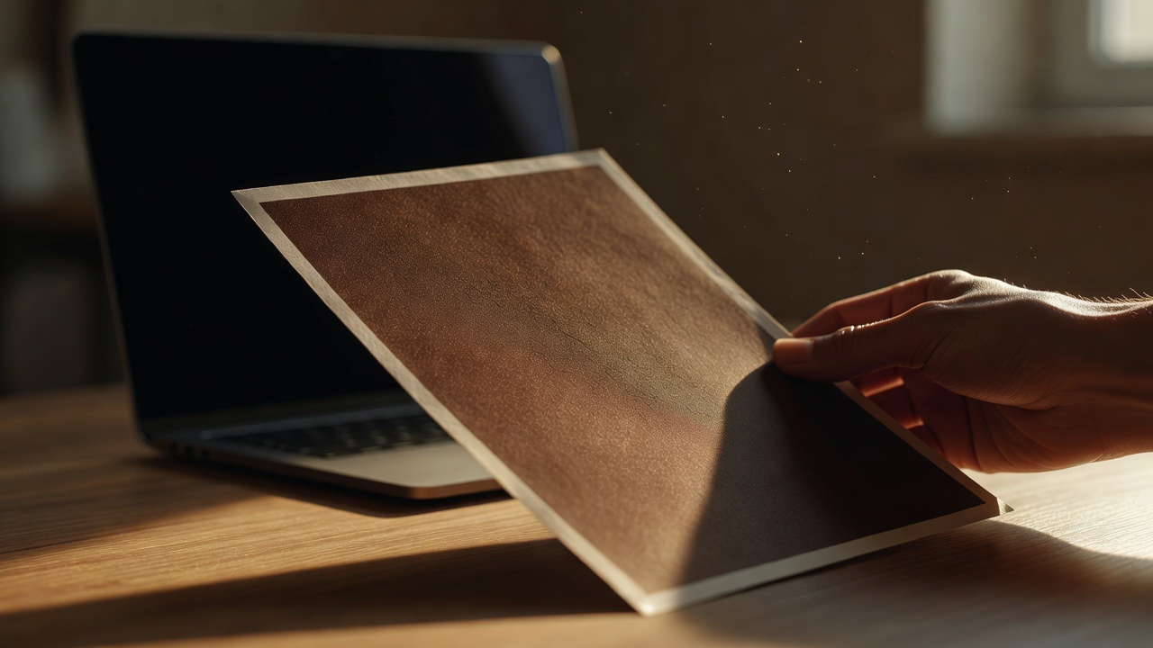 A hand holds a blank printed proof sheet in front of a laptop with its dark screen turned away, on a wooden desk.