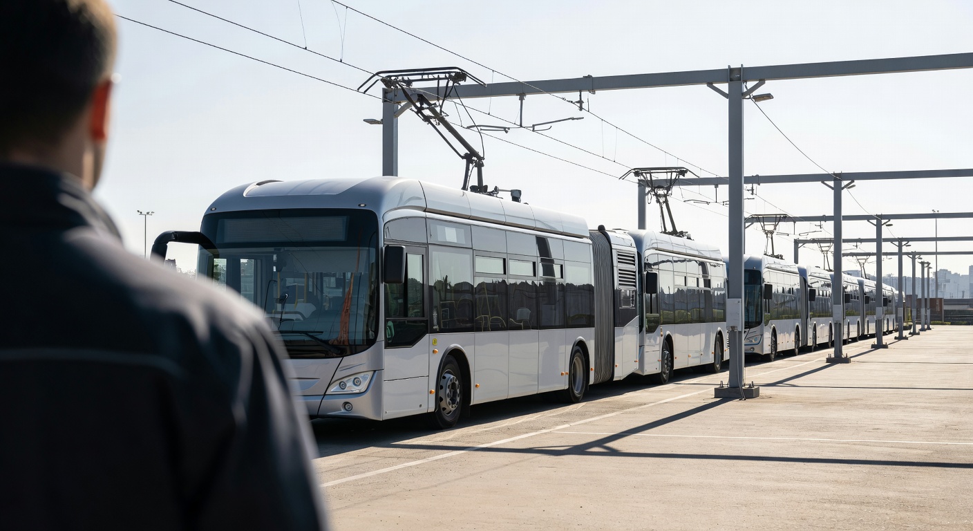 Battery-electric city buses charging at overhead pantograph chargers