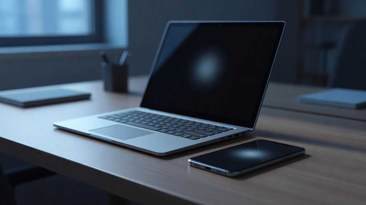 Microsoft 365 Copilot running on a laptop beside a phone, both screens dark, placed on a desk with soft cool blue-hour window light raking across the hardware, wide establishing shot, shallow depth of field, no visible UI, screens showing only a soft abstract glow, no readable code, interface, or text