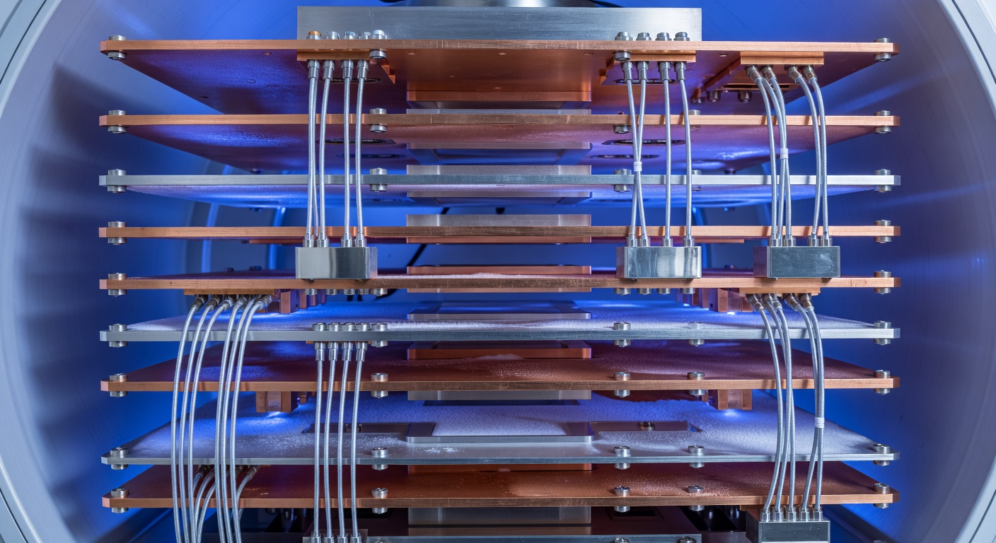 cleanroom engineer positioning a superconducting qubit chip into cryogenic testing hardware, vapor rising from liquid nitrogen dewar nearby, cool blue-white diffused lighting, tight medium shot with shallow depth of field