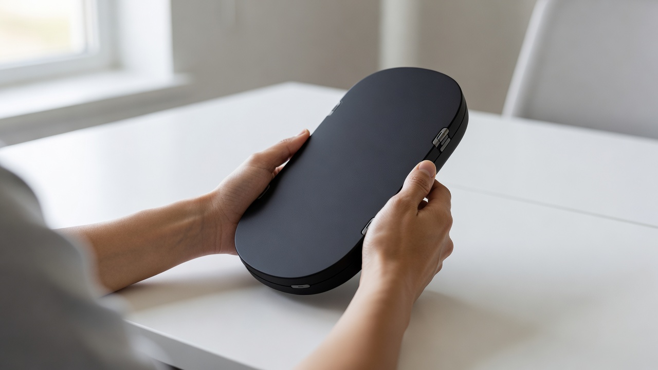Over-the-shoulder medium shot of hands holding a matte black screen-free speaker prototype with subtle mechanical articulation points visible along curved edges, bright diffused natural window light flooding minimalist white desk workspace, 35mm lens, f/2.8 aperture