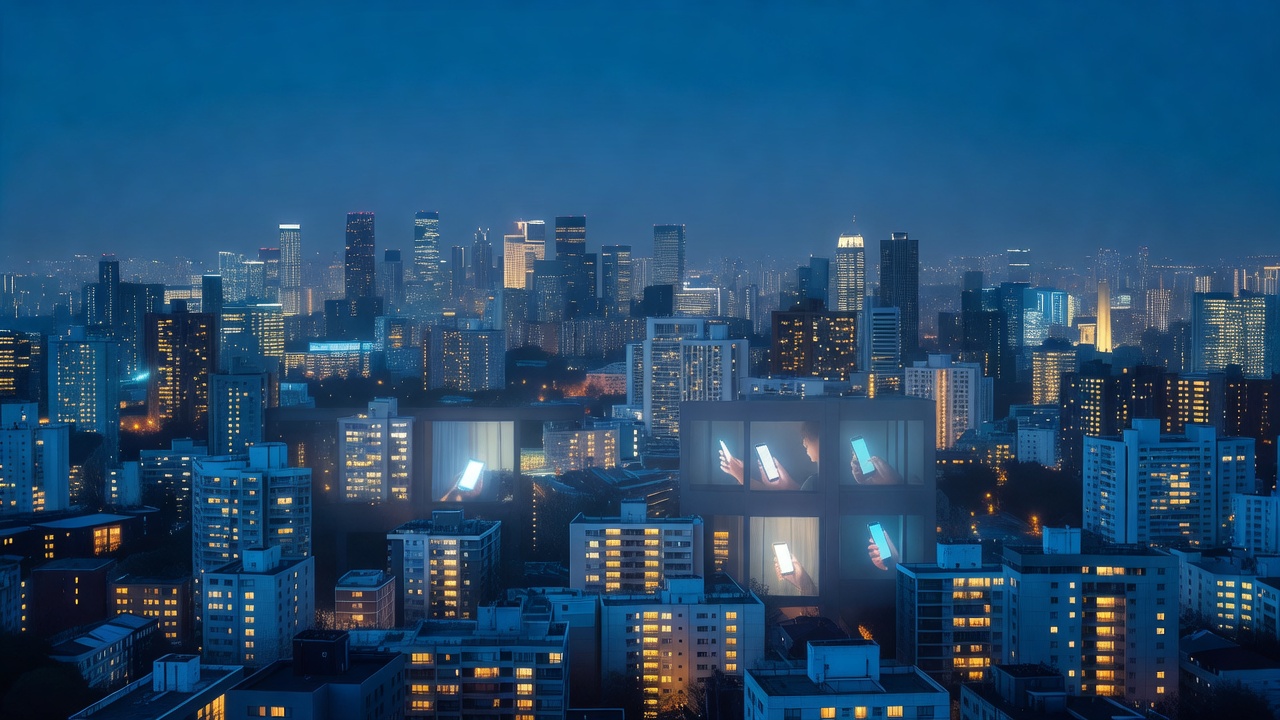 Wide blue-hour cityscape, countless illuminated apartment windows, teenagers' phone screens glowing faintly behind glass, skyline silhouette; cool tungsten-blue contrast, long lens compression, soft dusk haze.