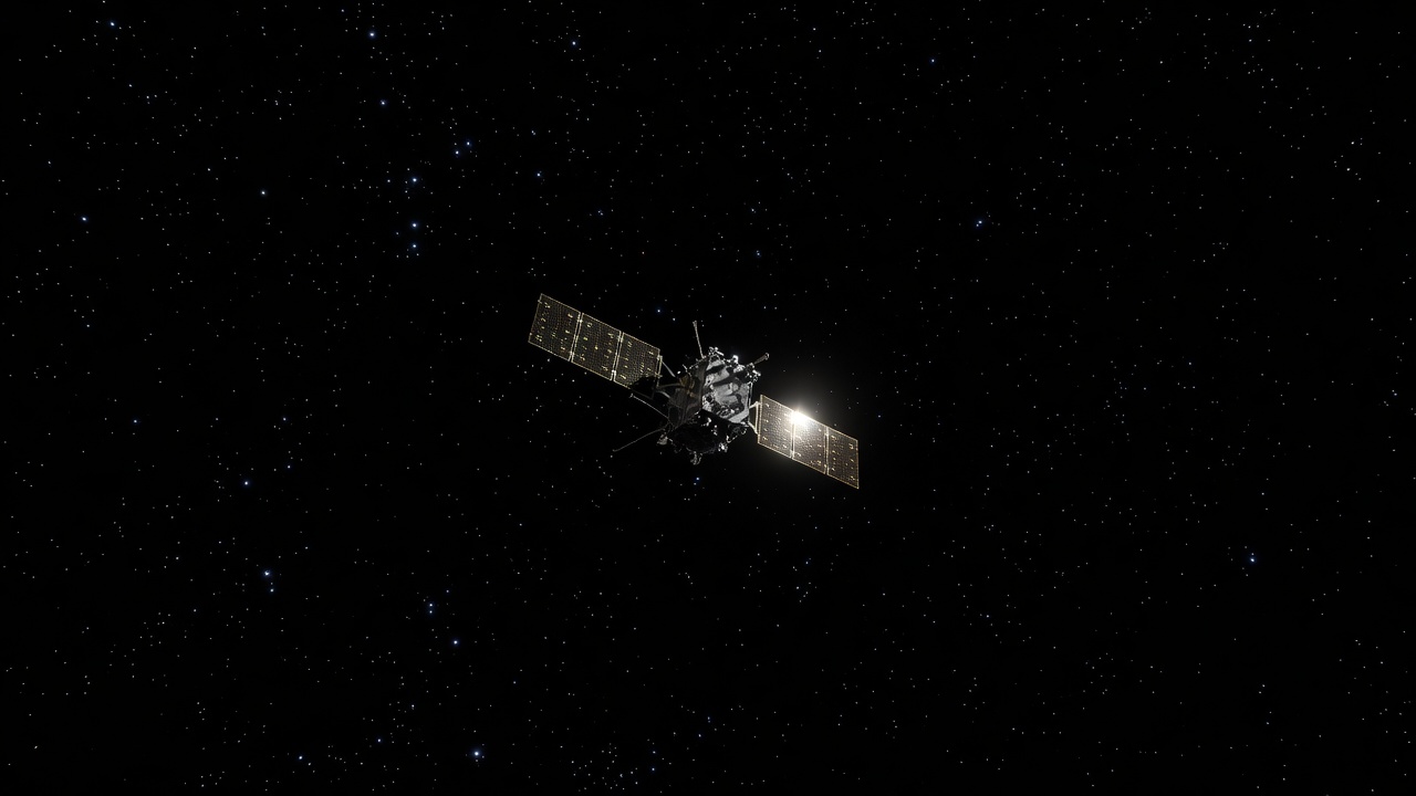 MAVEN orbiter in deep space above the Martian surface, solar panels fully deployed, thin atmospheric limb visible below, wide establishing shot, cool blue-hour starfield, telephoto lens with cold backlighting from distant sun