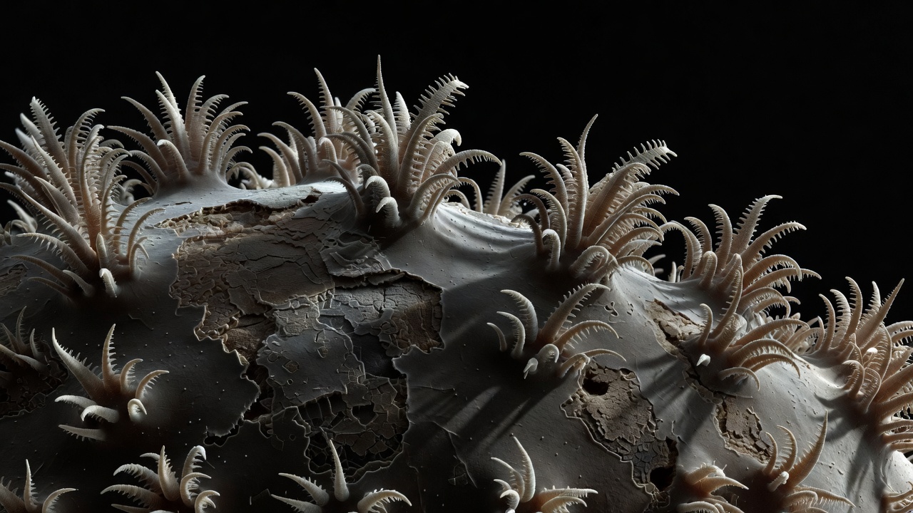 Scanning electron microscope imagery of *Porites lutea* coral cilia frozen mid-beat, magnified surface membrane detail revealing motionless hair-like filaments against darkened necrotic tissue backdrop, low-angle hero composition, moody low-key dramatic chiaroscuro side-lighting.
