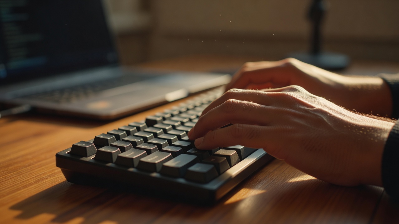 Extreme close-up of a developer's hands hovering over a mechanical keyboard in warm golden-hour light streaming across a wooden desk, subtle motion blur suggesting rapid typing, defocused glow from powered-down laptop screen in background, shallow depth of field isolating fingertips on WASD keys, warm amber side lighting