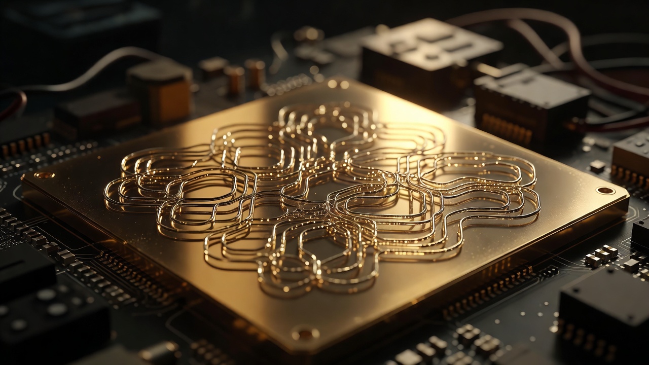 Low-angle hero shot of a quantum computing rack interior, dense cryogenic tubing and copper-clad processor modules rising dramatically upward, industrial steel housing framing the components, deep shadow pools with narrow cold blue accent lighting from below.