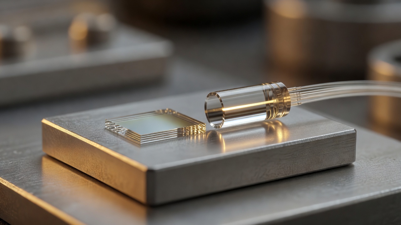 Close-up of a small glass optical plate and a fiber-coupled glass cylinder with a thin gold light streak, resting on a brushed metal block.
