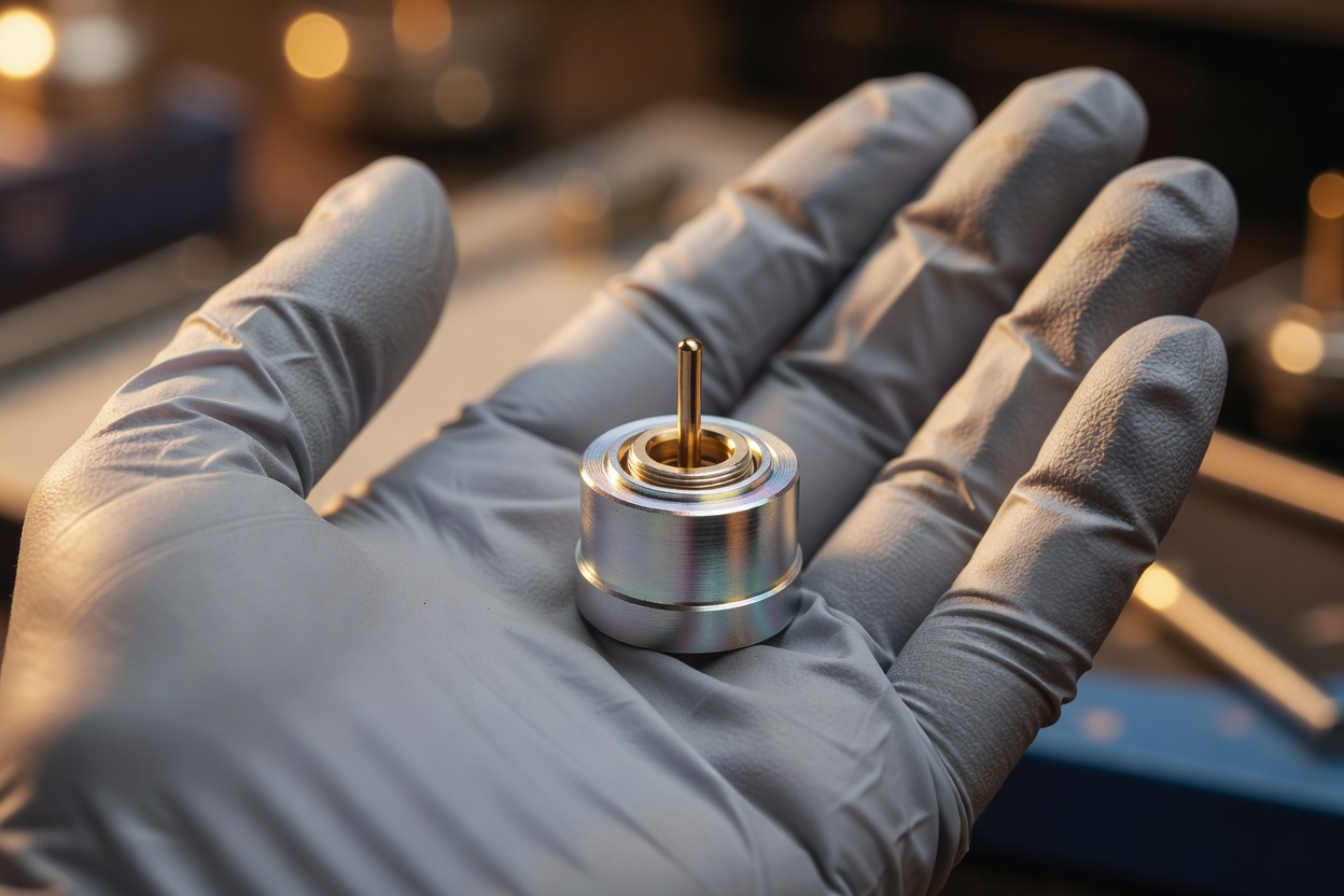 Satellite antenna connector module resting in a technician's gloved palm, cylindrical pin aligned above its receptacle slot, macro close-up, warm golden-hour side lighting, shallow depth of field.