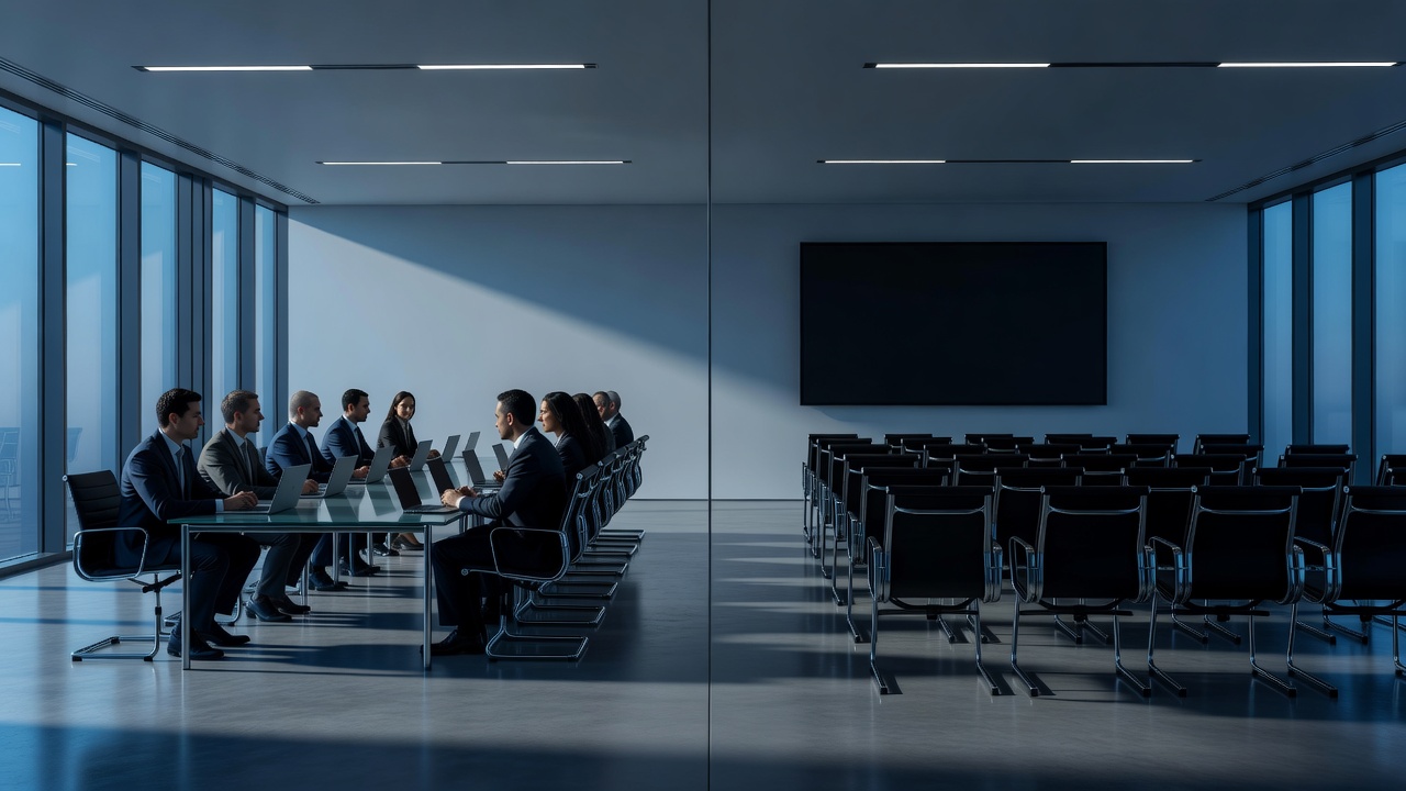 Wide shot of a split conference room at blue hour, left half occupied by executives at a glass table with closed laptops, right half empty chairs facing a dark projection screen, cool window light casting long shadows across polished concrete floor, shot on 35mm lens with deep focus, architectural lighting emphasizing the division.