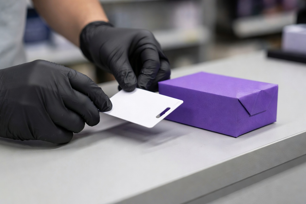 Close-up of gloved hands placing Xbox Game Pass gift card next to Discord-purple wrapped subscription box on retail counter, shallow depth of field, shot on 50mm, soft overhead fluorescent lighting.