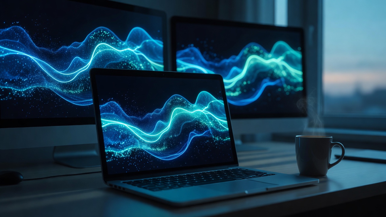 A developer workspace with monitors showing abstract data visualizations at dusk