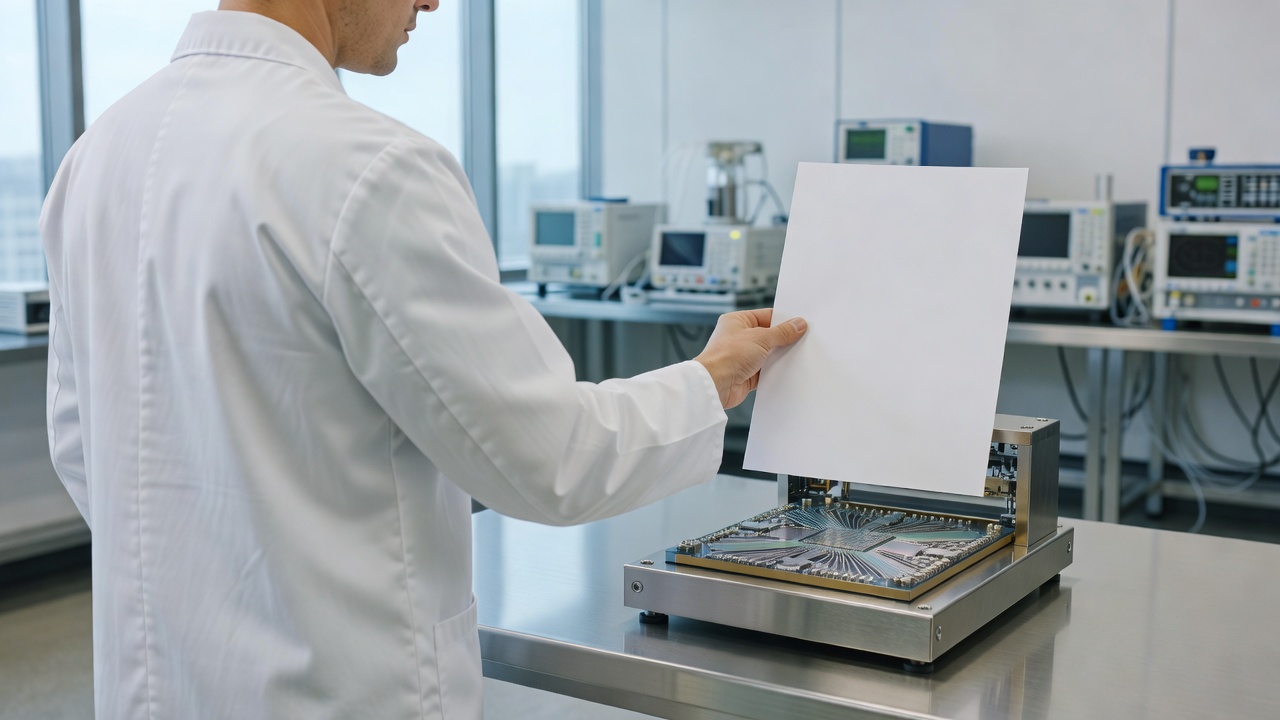 Over-the-shoulder medium shot of a researcher reviewing a printed quantum processor roadmap beside a 504-qubit superconducting chip mounted on a benchtop fixture, bright high-key laboratory daylight, 50mm lens, f/4, soft diffused window light.