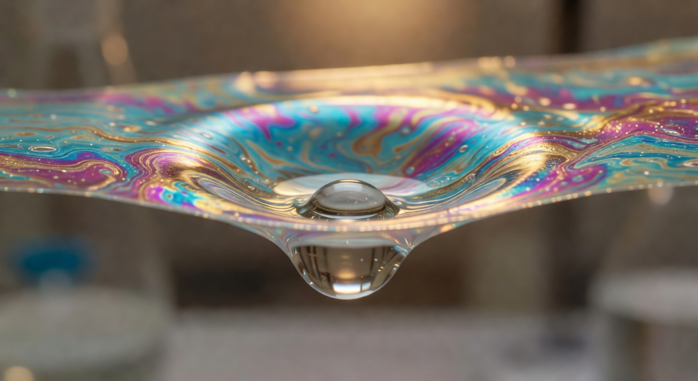 close-up side-angle view of a single water droplet forming a hammock-shaped depression in a taut iridescent soap film, warm diffused laboratory lighting from above