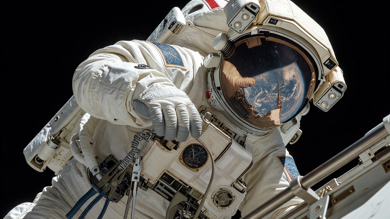 Sunlit Endeavour orbiter drifts against Earth's blue limb, open cargo bay bathed in daylight, crisp white thermal tiles gleaming, wide-angle lens, sharp focus, bright natural light.