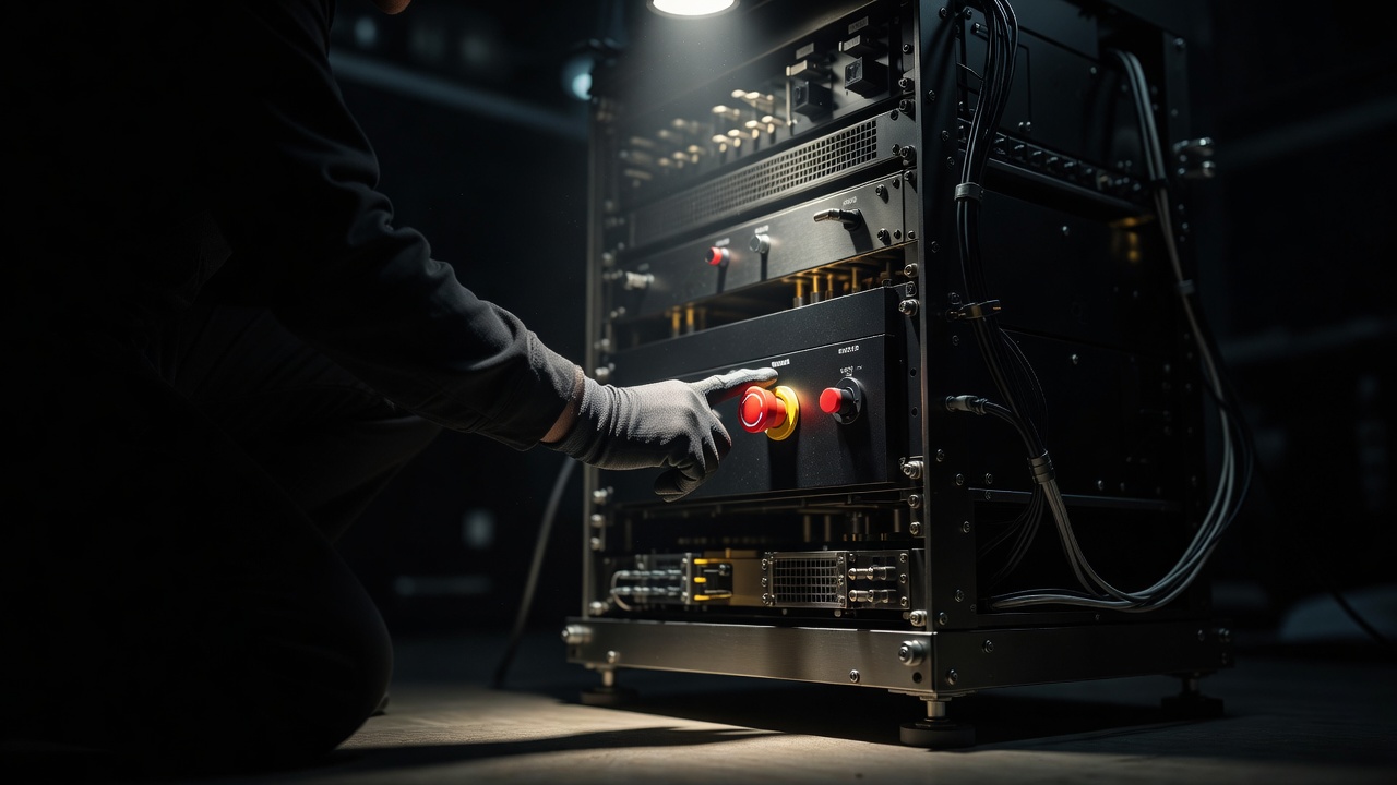 Low-angle shot of a technician's gloved hand pressing a red emergency stop switch on the fault-tolerant quantum system's control rack, harsh single spotlight, deep shadows, 35mm lens, f/1.8.
