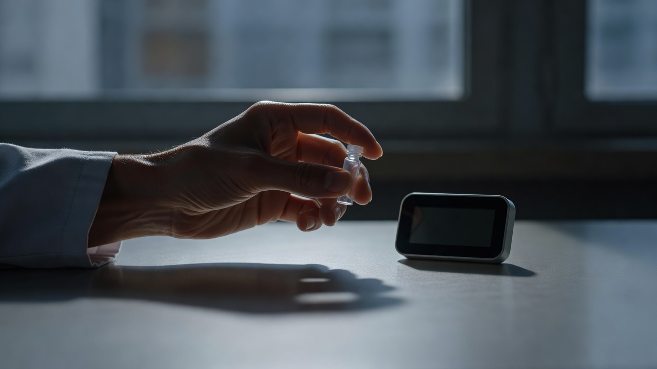 Wide low-angle hero shot of a research clinician's hand holding a small blood-draw vial beside a digital kitchen timer marking a fasting window, dim window backlight, dramatic shadow, 35mm lens.