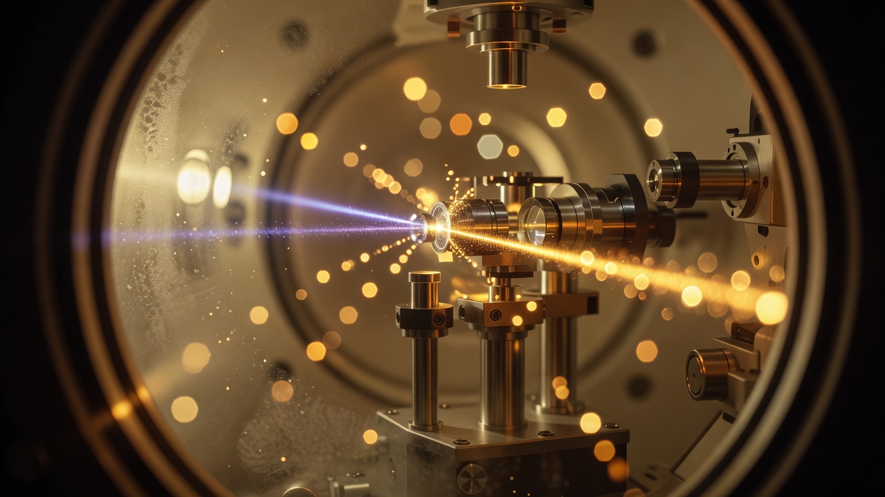 Vacuum-chamber viewport in extreme macro, laser light warming to amber-gold across ytterbium atom trap optics, glass fogged faintly, lens flare, shallow depth of field, golden-hour warmth.
