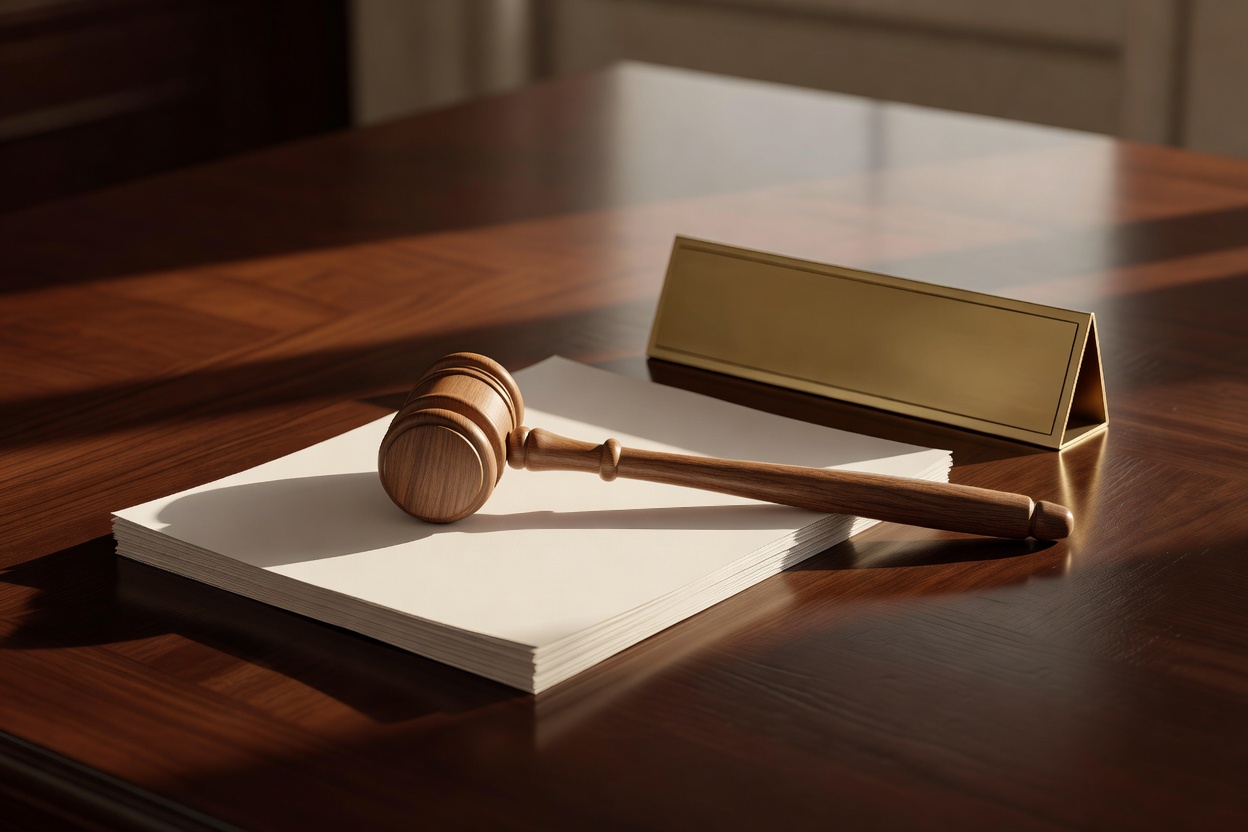 Overhead close-up of a judge's wooden gavel resting on settlement documents beside a brass nameplate, warm afternoon sunlight casting long shadows across the desk surface, 50mm lens with shallow depth of field creating soft bokeh