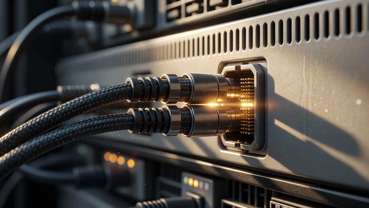 Wide macro of a single BigQuery server rack connector where two node cables physically merge into one shared port, golden-hour light spilling through vents, 100mm macro lens, shallow depth of field.